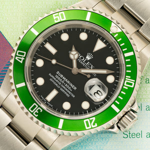 Rolex Submariner Date, Black Dial, Green Bezel Kermit Flat Four, Steel,  16610LV