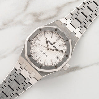 Unpolished Audemars Piguet Royal Oak 15450ST stainless steel watch with white Grande Tapisserie dial on integrated bracelet at Collectors Corner NY