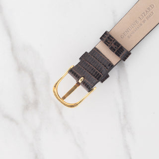Detail view of the glossy brown lizard leather watch strap fitted to an Audemars Piguet Tank
