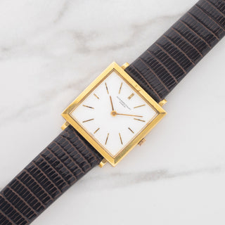 1960s Audemars Piguet Tank Ultra-Thin in 18k yellow gold with white dial on a brown lizard strap at Collectors Corner NY