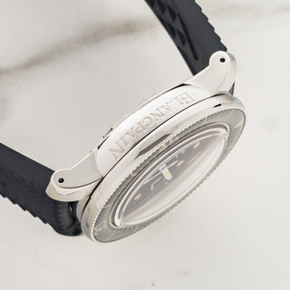 Side profile view displaying the Blancpain brand logo case engraving and lug lines on the Fifty Fathoms No Rad