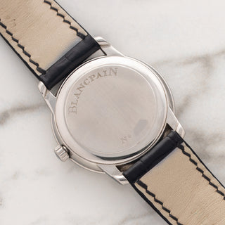 The clean, brushed stainless steel solid caseback engraved Blancpain on a Villeret Ultra-Slim 1106