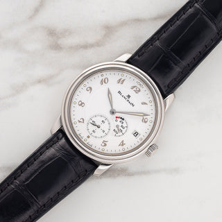 Blancpain Villeret Ultra-Slim 1106 watch with power reserve indicator and Breguet numerals on a black alligator strap at Collectors Corner NY