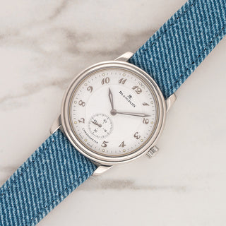 Blancpain Villeret Ultra-Thin Chronometer 7002 watch with white Breguet numeral dial on a denim strap at Collectors Corner NY