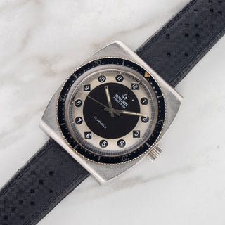 1970s Gruen Airflight reference 27524 jumping hours watch on a black perforated rubber strap at Collectors Corner NY