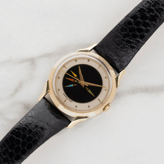 Rare 1956 vintage Hamilton Cross Country Time Zone watch in a gold filled case on a black leather strap at Collectors Corner New York
