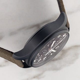 Side profile view displaying the matte Ceratanium finish and lug profile of the IWC Pilot Chronograph IW387905