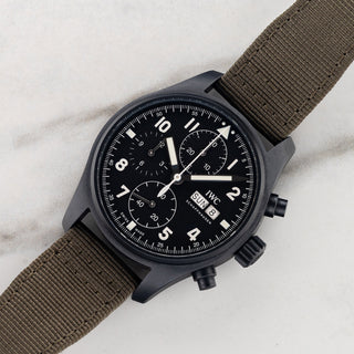 IWC Pilot's Watch Chronograph Tribute to 3705 reference IW387905 in black Ceratanium on an olive textile strap at Collectors Corner NY