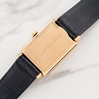 The 18k rose gold solid rectangular caseback displaying vintage period engraving on a Patek Philippe reference 1532R