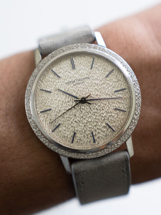 Front wrist shot of a 35mm Patek Philippe Calatrava 3569 vintage white gold watch