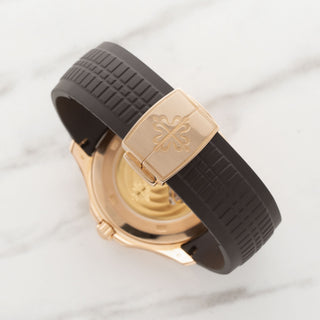Rear view of the Patek Philippe Aquanaut brown composite strap and 18k rose gold fold-over deployant clasp