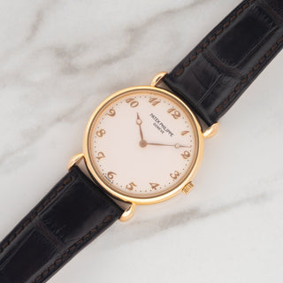 Unpolished 18k rose gold Patek Philippe Calatrava reference 3820R with teardrop lugs and Breguet numerals on a dark brown alligator strap at Collectors Corner NY