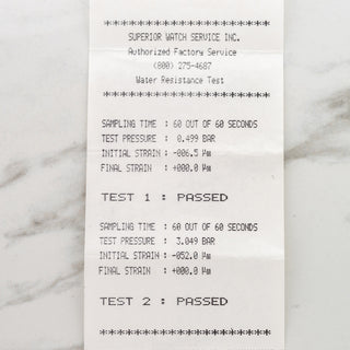 Authorized Superior Watch Service receipt and pressure test documentation accompanying a Porsche Design Orfina 7177 chronograph