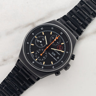 Porsche Design Orfina reference 7177 3H Military Lemania 5100 PVD chronograph on integrated bracelet at Collectors Corner NY
