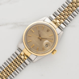 Vintage 1971 Rolex Datejust 1601 two tone watch with a rare Havana brown dial on a Jubilee bracelet at Collectors Corner NY