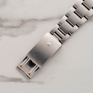 Stainless steel Oyster bracelet and closed folding clasp face on a Rolex Datejust 16200