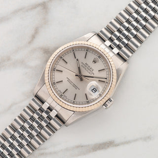 1999 Rolex Datejust reference 16234 with silver dial and 18k white gold fluted bezel on a Jubilee bracelet at Collectors Corner NY