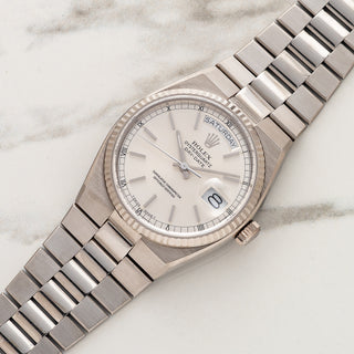 Rolex Day-Date Oysterquartz reference 19019 in 18k white gold with silver dial and integrated bracelet at Collectors Corner NY