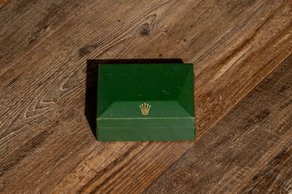 Closed exterior view of the vintage green Rolex presentation box accompanying the Explorer 1016