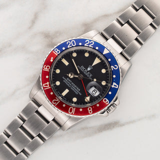 1985 Rolex GMT-Master 16750 Pepsi transitional matte dial watch on an Oyster bracelet at Collectors Corner New York
