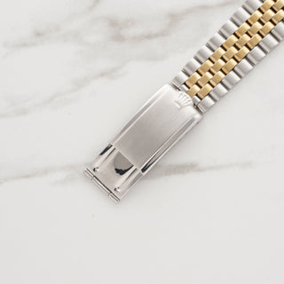 Full view of the folded stainless steel and gold Rolex Jubilee bracelet 6251H and closed clasp