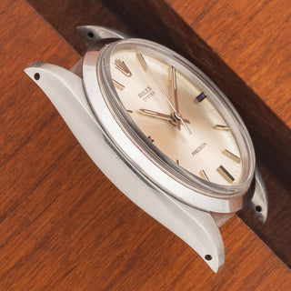 Angled top view highlighting the thick lug proportions and smooth bezel on a 1974 Rolex Oyster Precision 6426