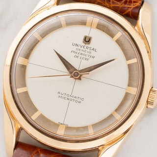Macro close-up of the pristine crosshair dial and non-luminous hands on a Gérald Genta designed Universal Genève Polerouter Microtor