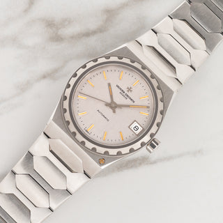 Stainless steel mid-size Vacheron Constantin 222 reference 46003/411 with pumpkin patina lume on integrated bracelet at Collectors Corner NY