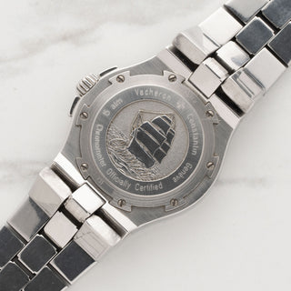 The iconic Amerigo Vespucci sailing ship medallion engraved on the stainless steel caseback of a Vacheron Constantin Overseas 42040
