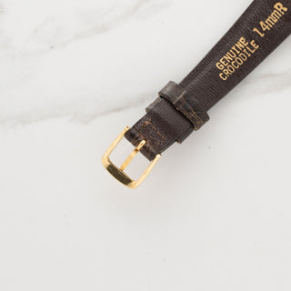 Underside view showing the genuine crocodile leather stamp on a 14mm watch strap for a Vacheron Constantin