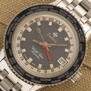 L.N.O.S. Zodiac Aerospace GMT World Time w/Bracelet/Box - 1970s